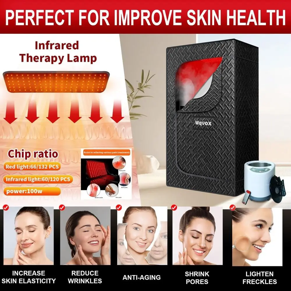 Indoor Infrared Sauna with Red Light Therapy, 660 & 850nm Lamps, 3L Steamer, Upgraded Chair and Mat, 72x36x36, Black