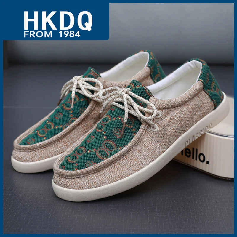 HKQD Summer Linen Casual Shoes For Men Lightweight Comfortable Flat Men's Loafers Fashion Breathable Lace-up Canvas Sneakers Man