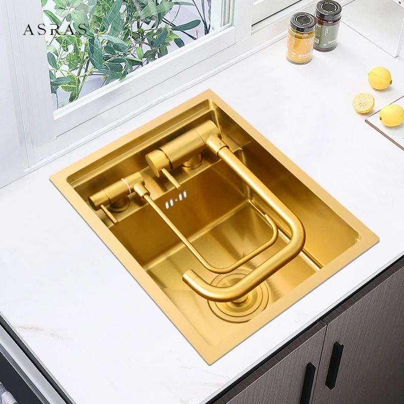 Nanometer Gold 304 Stainless Steel Handmade kitchen Bar Counter Sink Cover hidden Single Kitchen Small Size Kitchen Sink