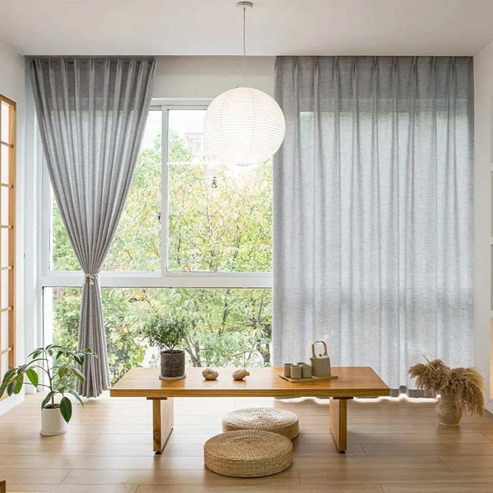 Japanese Linen Look Sheer Curtains for Living Room Thick Tulle Curtain for Door Solid  Home Flax Texture Drapes