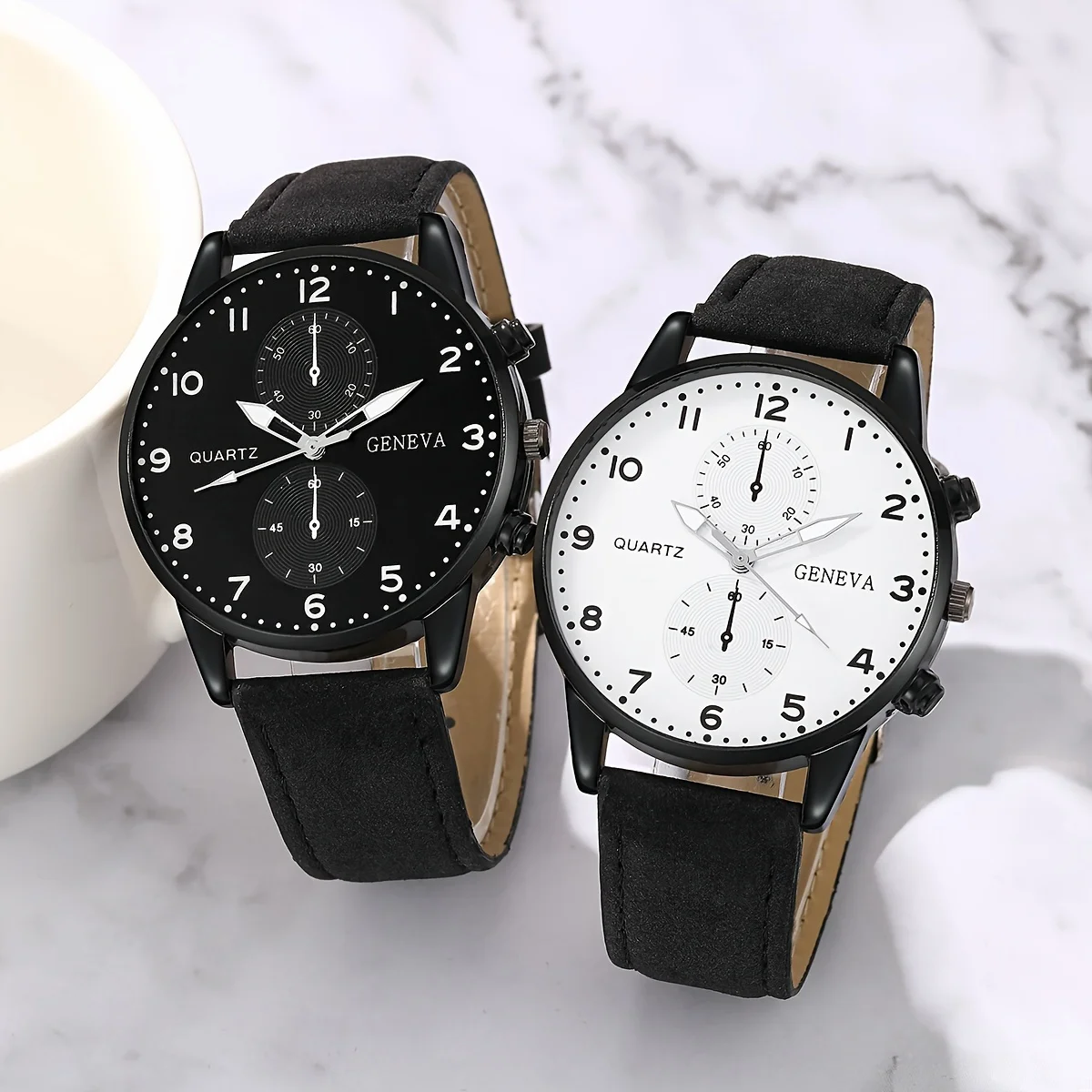 2 Pieces Couple Fashion Quartz Watches - Black and White PU Leather Strap, Perfect for Anniversaries, and Romantic Occasions