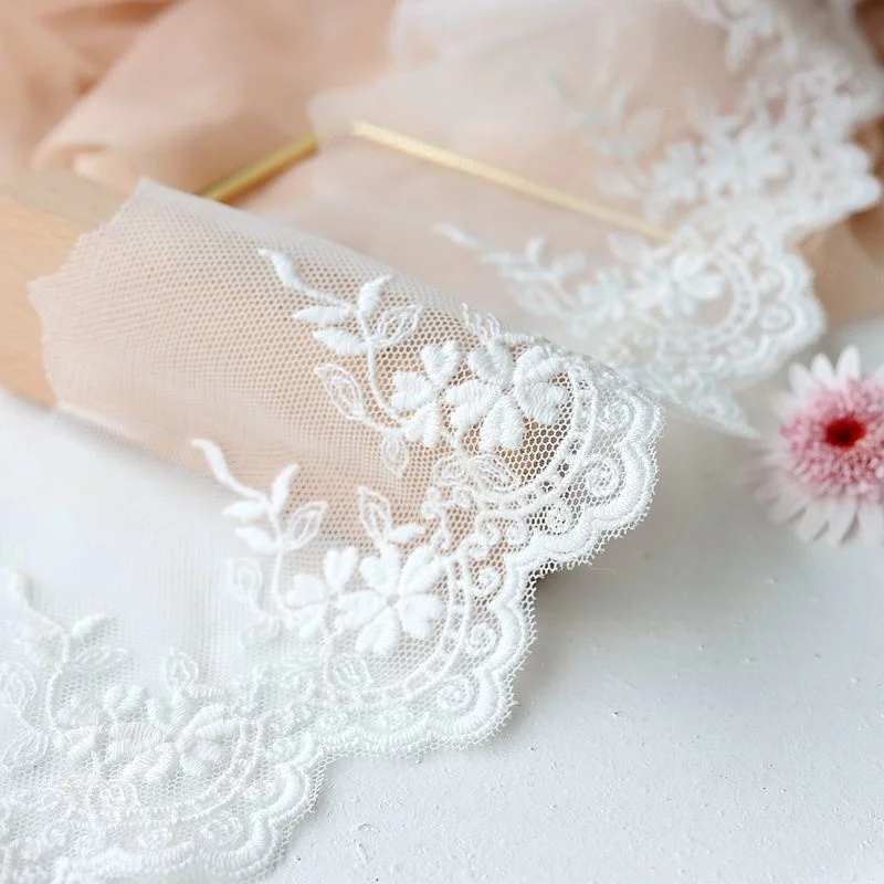 8CM Wide Luxury Tulle White Mesh Embroidery Floral Lace Ribbon Wedding Dress Collar Neckline Trim DIY Craft Sewing Guipure Decor