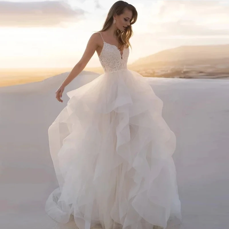 

Bohemian Wedding Dresses Elegant Sweetheart Women's Lower kleider Ruffles Thin Straps Sleeveless Bridal Gowns Beach Mariage Part