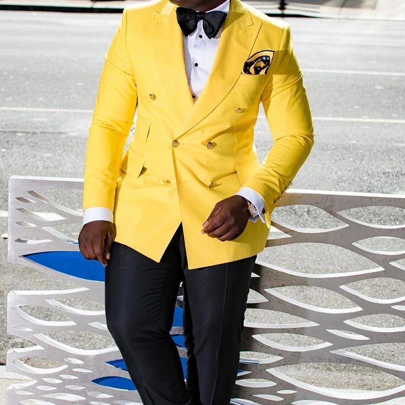 Yellow Double Breasted Men Suits for African 2 piece Slim fit Prom Wedding Tuxedo Groomsmen Set Blazer with Black Pants Fashion