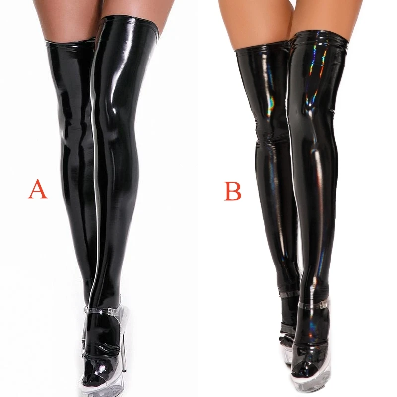 Grande taille miroir brillant cuisse haute bas gothique Punk PVC Wetlook bonneterie femmes Sexy Lingerie Faux cuir pôle danse Clubwear