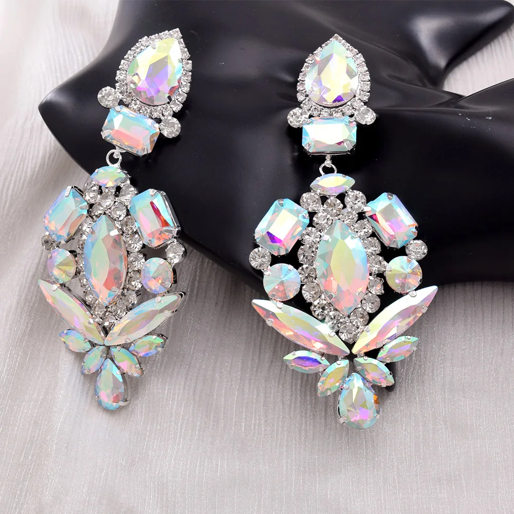 Clip on Huge Size Glass Strass Crystal Dangle Long Earring for Drag Queen Women Wedding Jewelry Heavy Stage Accessories