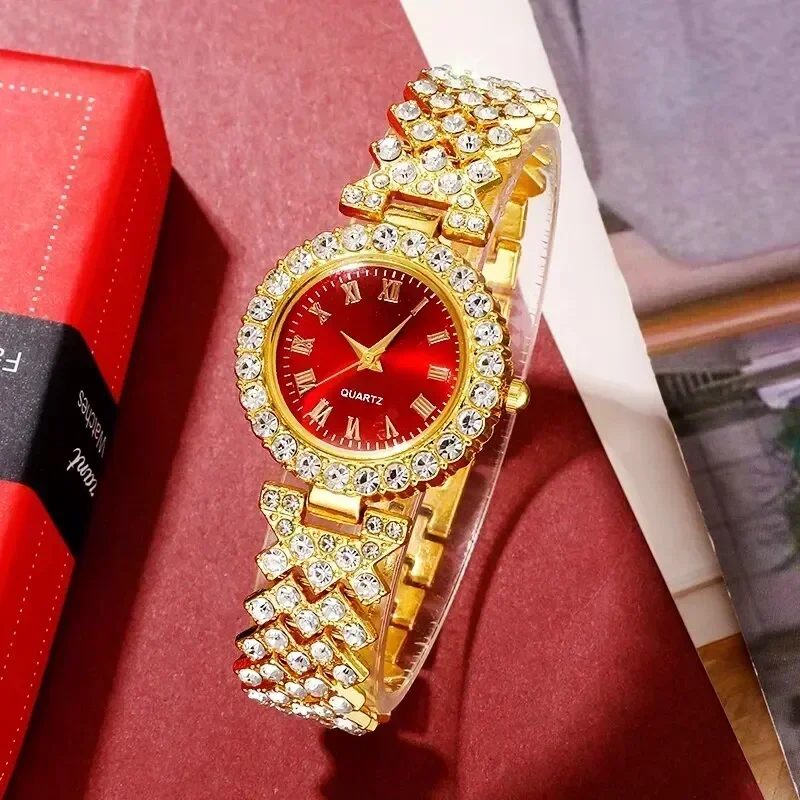 Golden Luxury Watch Women Ring Necklace Earring Rhinestone Fashion Wristwatch Casual Ladies Bracelet Watches Jewelry Set - view 6
