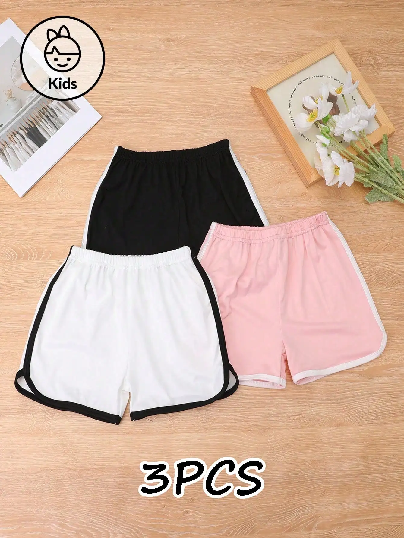3Pcs Kids Girl Sports Shorts Elastic Waist Breathable Polyester Spandex Solid Color Casual Running Shorts for School Summer Wear