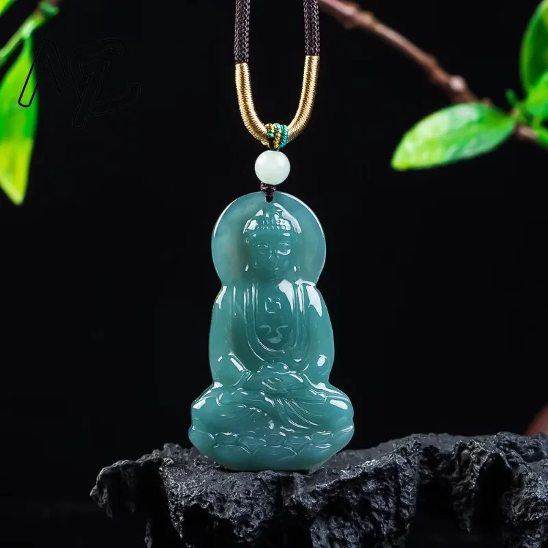 

New Natural Burmese Emerald Jade Blue Water Mahavairocana Pendant Jadeite Amulets Fashion Jewelry Charm Gifts for Men Women
