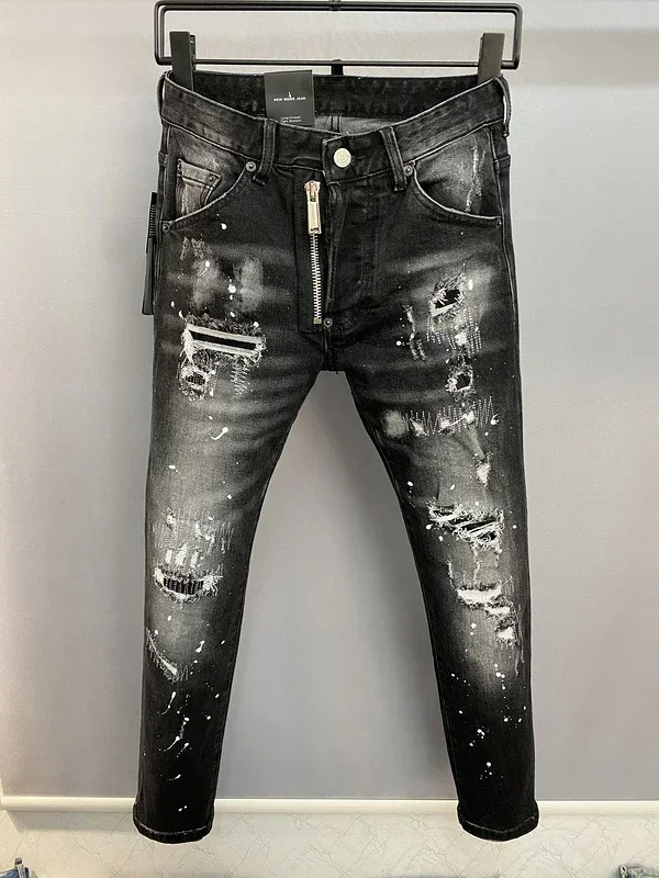 new black Men Jeans cotton top quality Badge Printed COOLGUY Long Pants jeans Zipper Multiple Pockets Hole slim wear