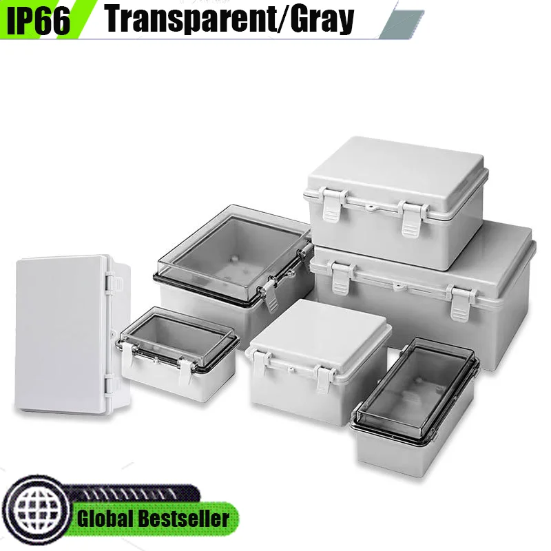 Caja de conexiones eléctricas de plástico resistente al agua IP66, cubierta transparente gris para exteriores, sello de hebilla con bisagras, distribución de energía