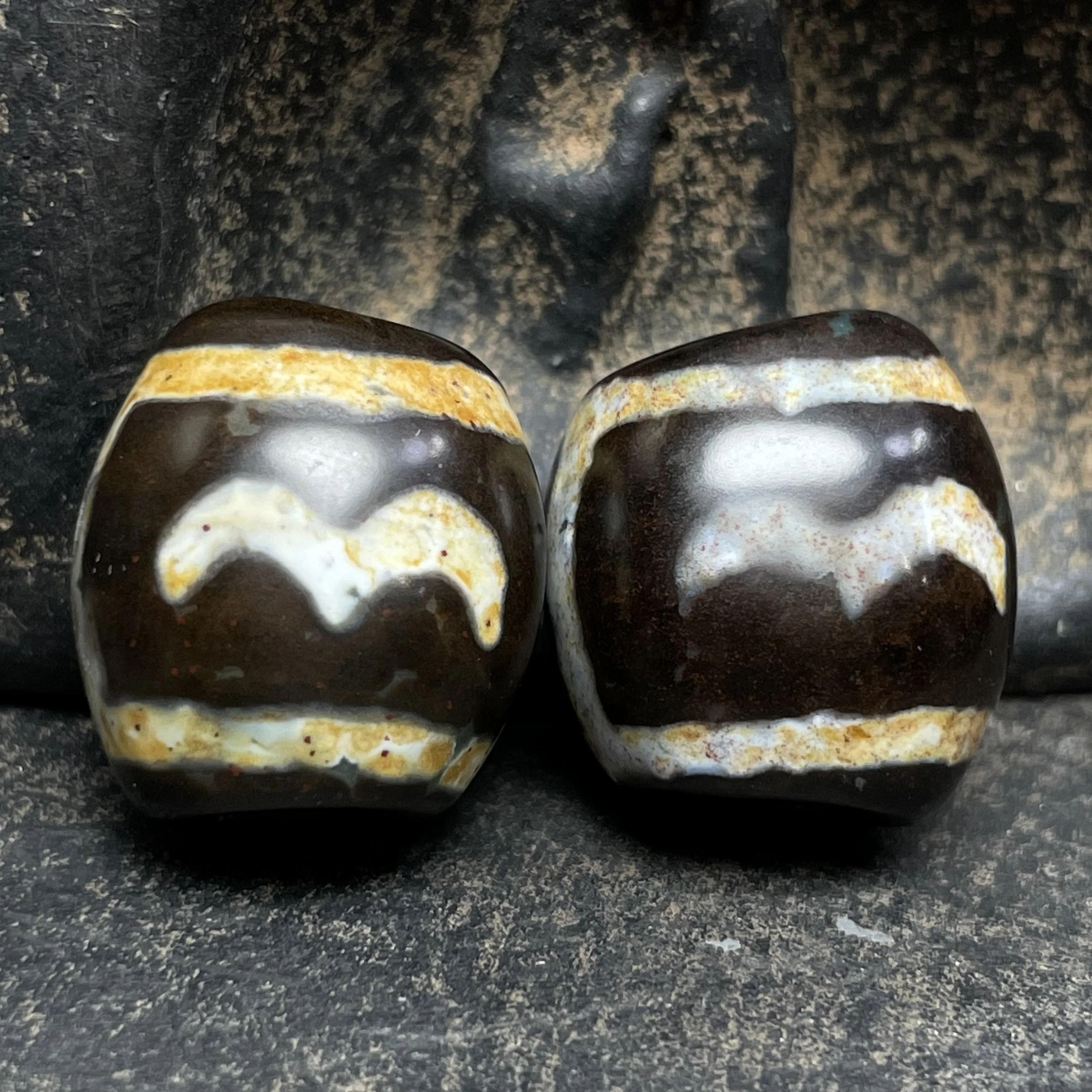 A pair of Tibetan red cinnabar golden winged roc bird and Old Dalozzi beads 15x17x19mm