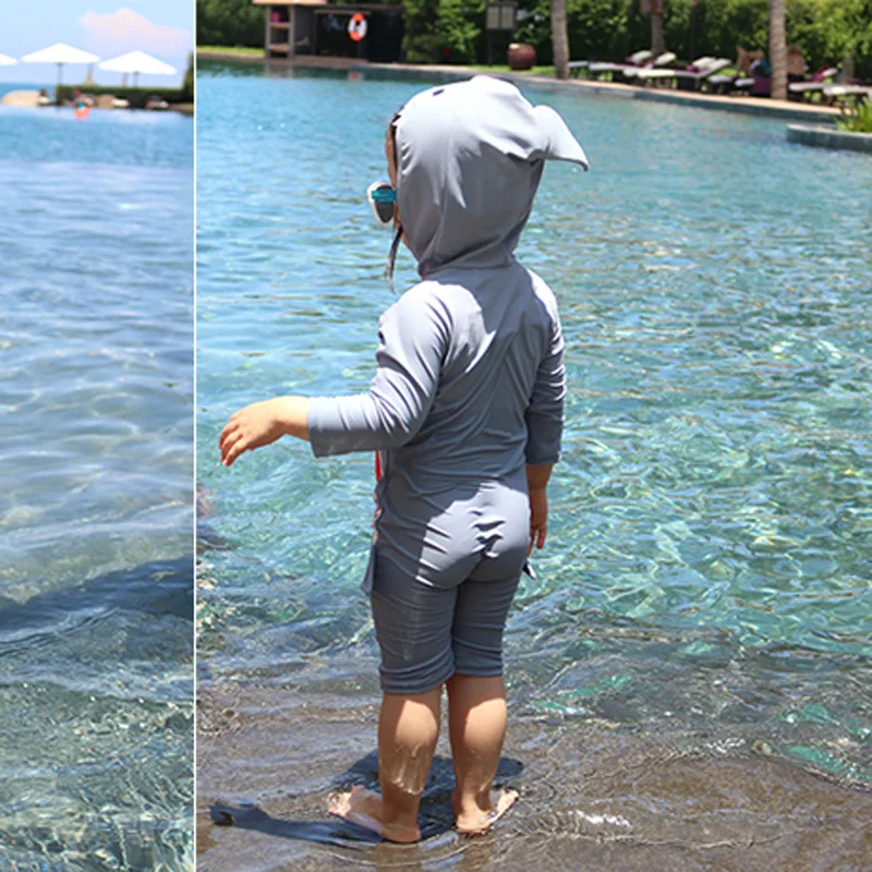 Boys Girls One-piece Swimsuit Cute Cartoon Shark Long Sleeve Hooded Sun-protective Quick-dry Surfing Bathing Suit Baby Swimwear