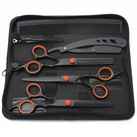 Hair Scissors JP Stainless Hairdressing Scissors 6" Haircut Set Black Thinning Shears Salon Haircut Scissors Razor Combs C1001