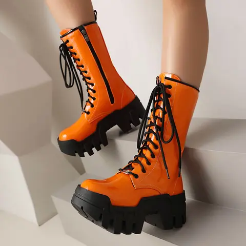 Lace Up Sexy Women's Winter Fashion Platform Short Boots Punk High Heels Black Yellow Orange Zip Ankle Boots Autumn Gothic Shoes