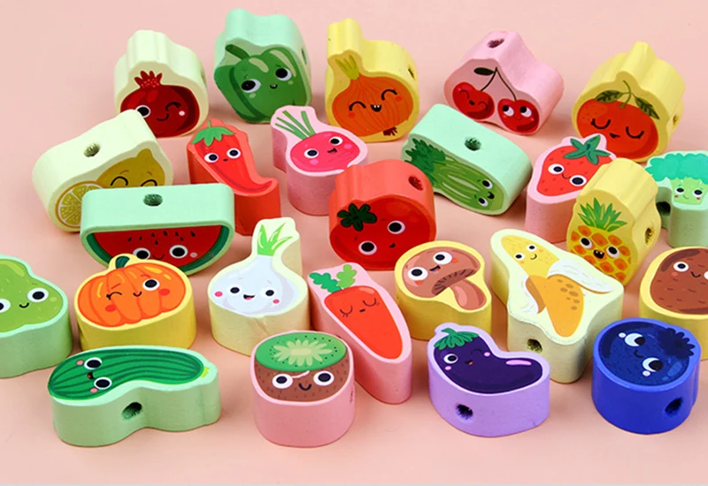 9-36 stücke Baby Holz Spielzeug Cartoon Obst Tier Bespannen Threading Holz Perlen Spielzeug Montessori Pädagogisches Spielzeug Für Kinder – Detail 4