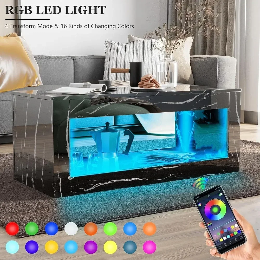 LED Coffee Table with Open Storage, Modern High Gloss Coffees Tables with 16 Colors LED Lights, Coffee Table