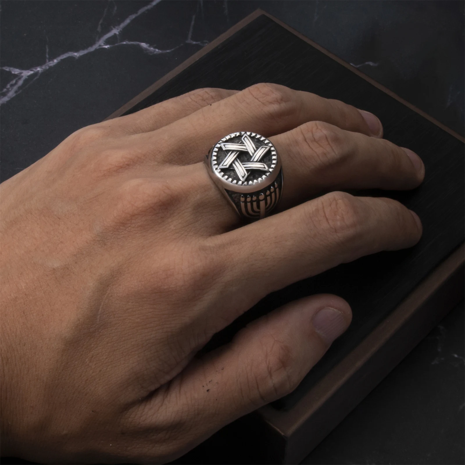 Men\'s Vintage Star of David Ring Seal of Solomon Hexagram Star Symbol Jewelry Size 8-13