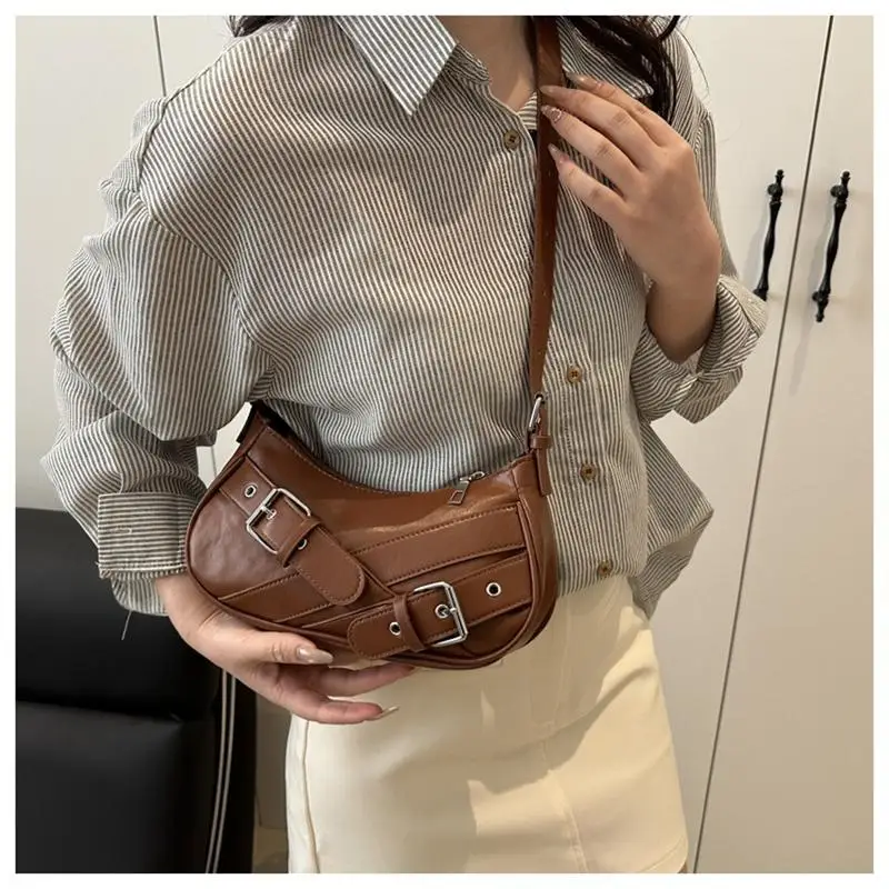 New Y2K Vintage PU Leather Shoulder Bag For Women Small Crossbody Bag Fashion Ladies Underarm Bag Belt Decor Handbag Clutch