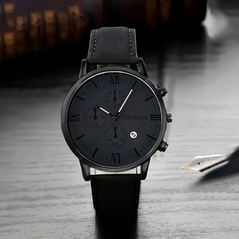 New Men's Casual PU Leather Quartz Watch Multi functional Calendar Watch, Electronic Movement, Men's Watch