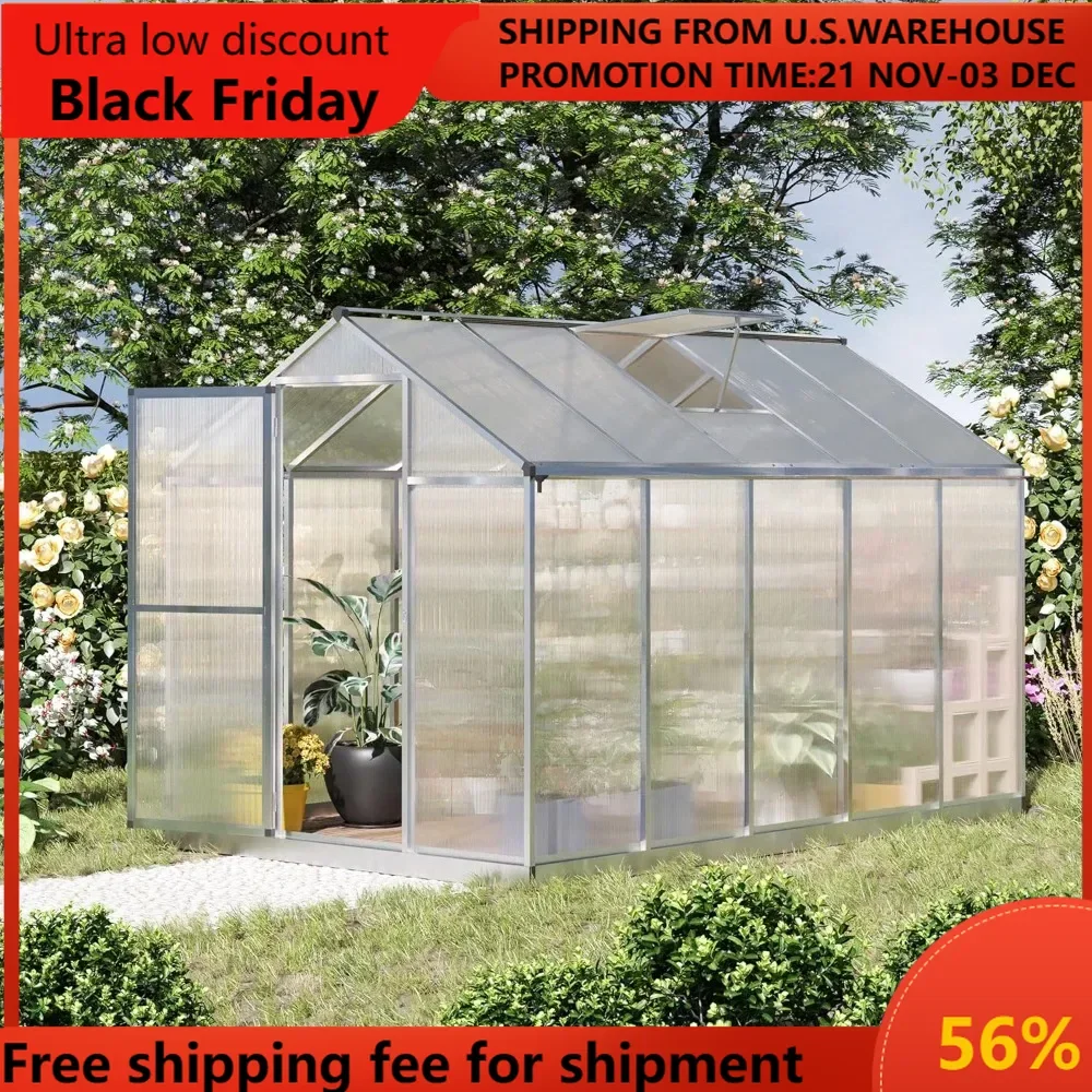 Greenhouse for Outdoors, Polycarbonate Greenhouse with Rain Gutter and Roof Vent, Aluminum Walk-in Green House  fruit picker