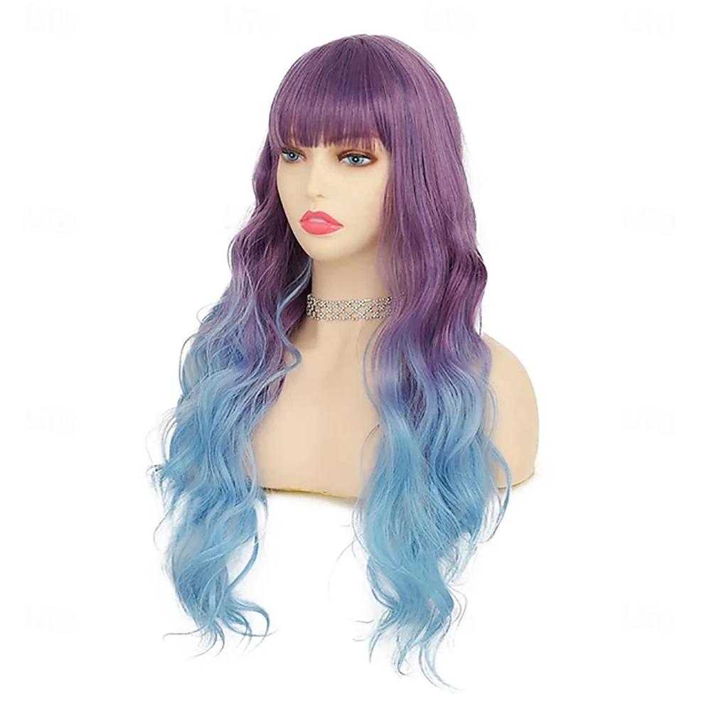 Synthetic Hair Carnival Wig Blue Purple Ombre Curly Wavy Long Synthetic Festival Wig  Cosplay Costume Hair for Women