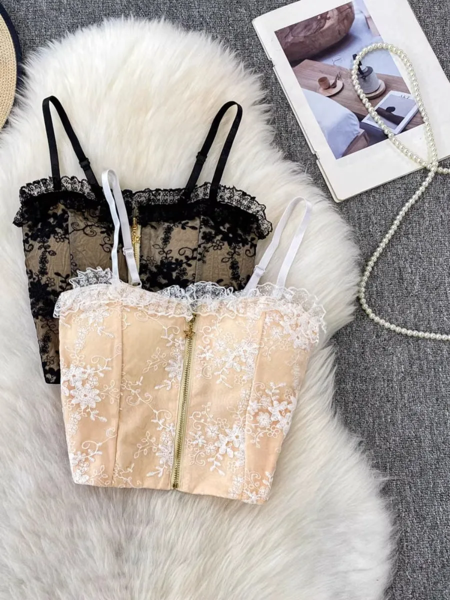 

Foamlina, сексуальный кружевной укороченный топ на бретельках, жилет, женский летний новый жилет для тяжелой промышленности, тонкая верхняя одежда на молнии спереди, корсеты, майки