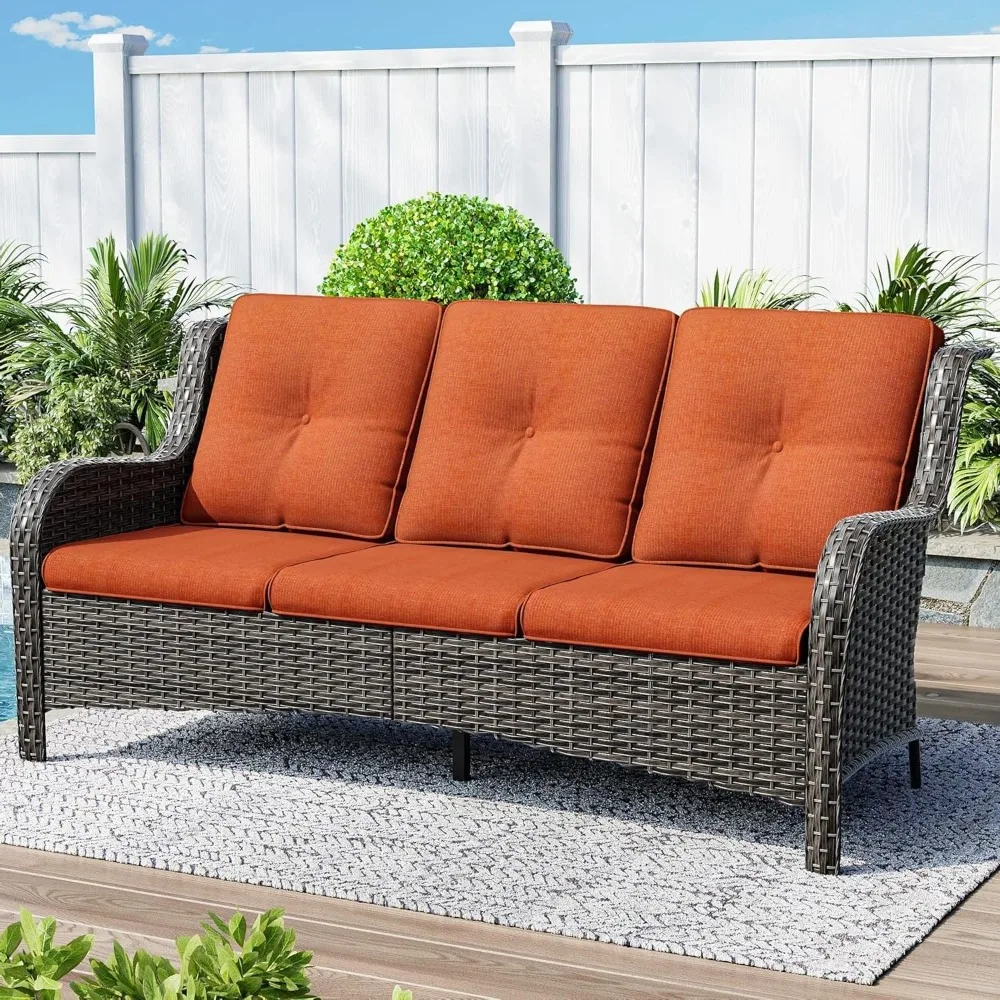 

3-Seat Couch Wicker Patio Sofa Outdoors - Deep Seating and Soft Cushions, for Porch Deck Balcony, Hand-Woven Mixed Rattan, Orang