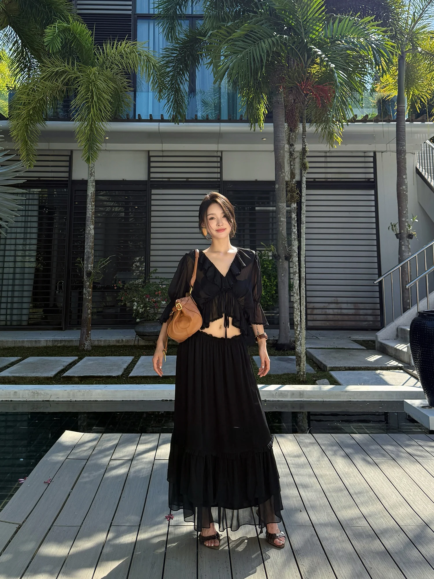 

Drawstring Pleated Chiffon Open Cardigan And Skirt Set for Women Summer Fashion Outfit Long Sleeve Heavyweight Poly...