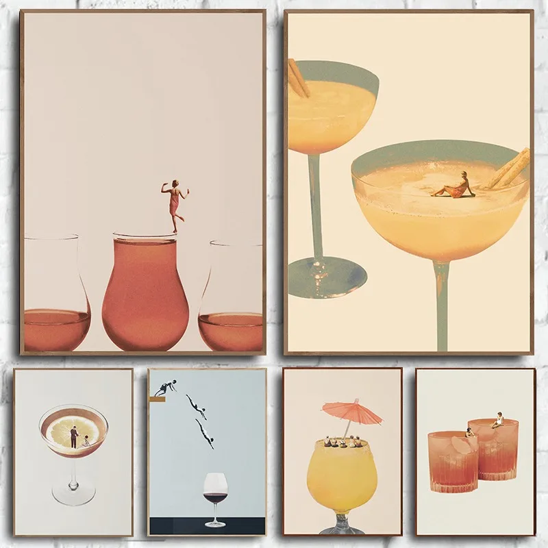 Abstract Cocktails and Women Poster Holiday in A Glass Collage Modern Canvas Painting Wall Art for Living Room Home Decor Gift