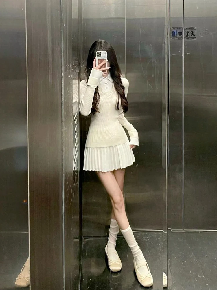 College Sle Base Layer Dr Set Gonna top lavorata a maglia design da donna f-lunghezza Autunno Gonna a trapezio a vita alta Lunga Sve