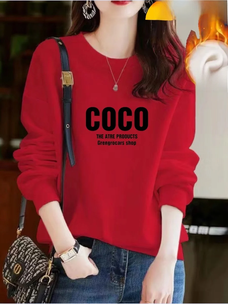 

Thiened Fce Autumn Winter Pure Cotton Hoodie Women's Faion Print Oversize Sweatirt round Ne Long Sve Casual Top