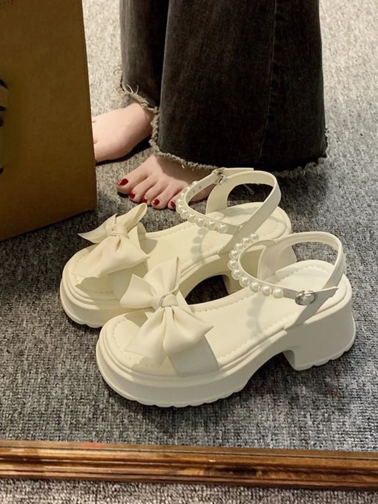 Kawaii Lolita Shoes Women 2023 Summer Basic Japanese Style Fashion Pumps Office Lady Bow Design Non Slip Sandals Korean Chic