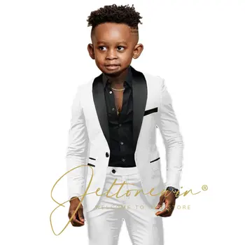 화이트 소년 정장 2 조각 결혼식 공식 파티 턱시도 아동 목도리 옷깃 키즈 드레스 자켓 바지 슬림 피트 블레이저 세트