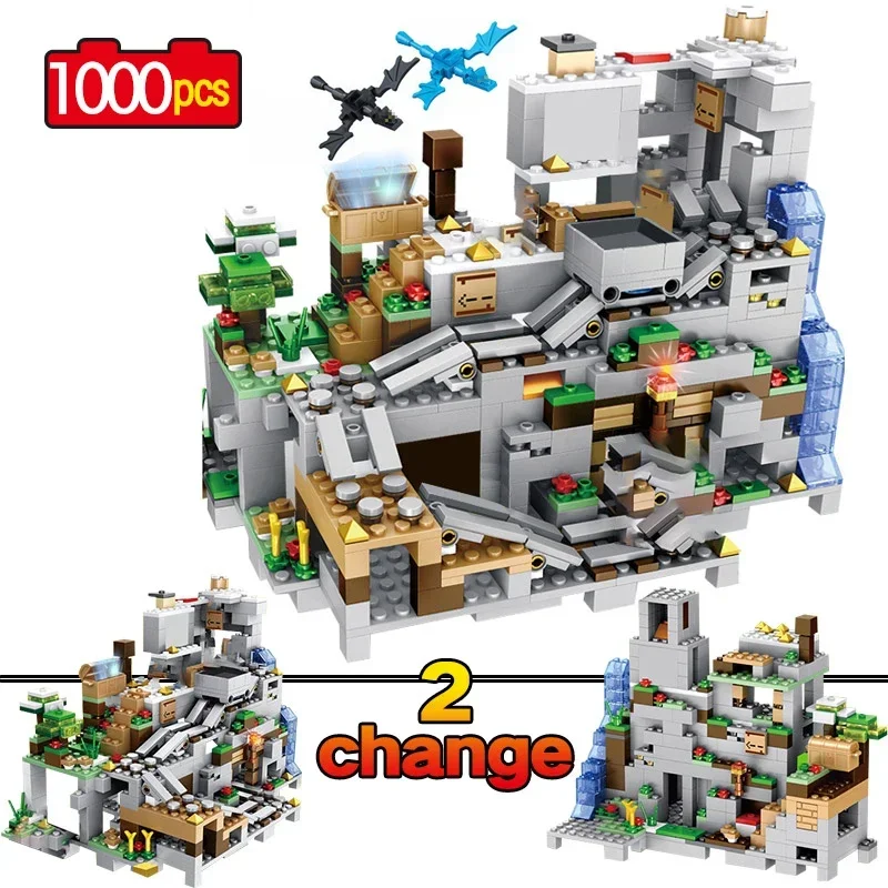 Hot Toys My World Building Block Minecrafted The Mountain Cave With Elevator Waterfall Figures Bricks Education Toy For Kid Gift