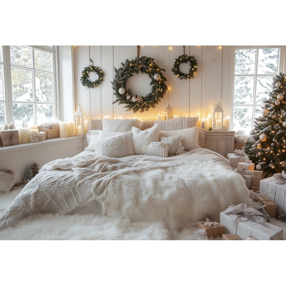 عيد الميلاد غرفة نوم المشهد التصوير خلفية شجرة عيد الميلاد نافذة إكليل الأسرة صورة التصوير خلفية الصورة استوديو الدعائم