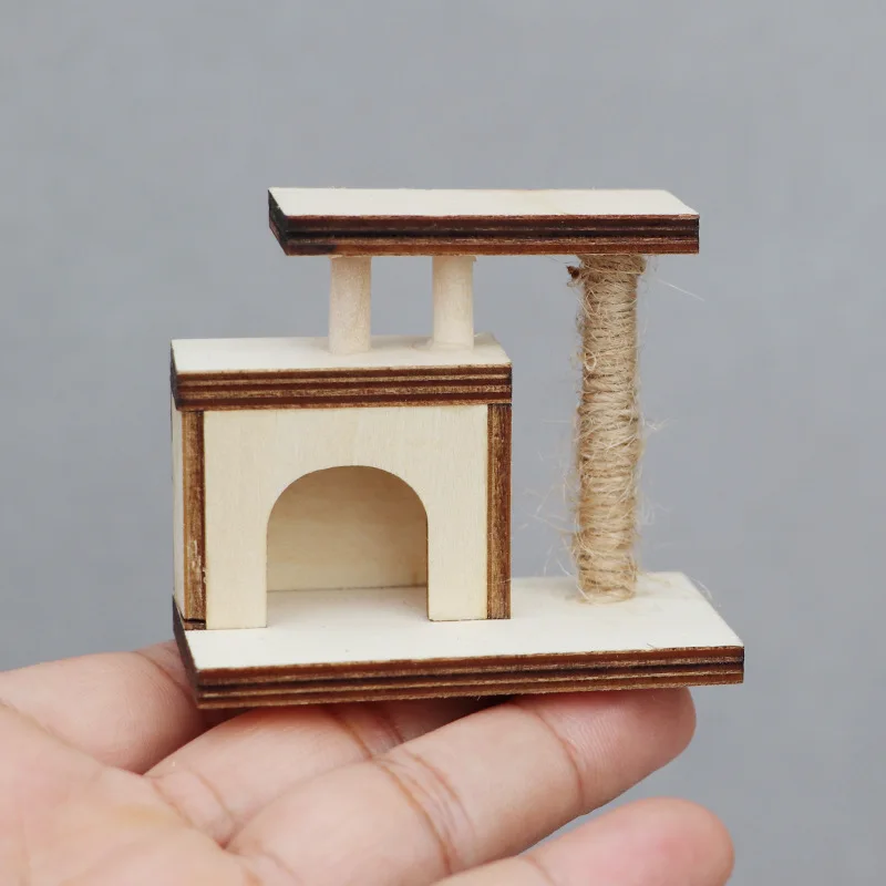 Miniature de maison de poupée à l'échelle 1:12 |   Arbre à chat en bois inachevé |   Meubles pour animaux de compagnie Kawaii pour décoration de micro-scènes - Accessoire artisanal de bricolage