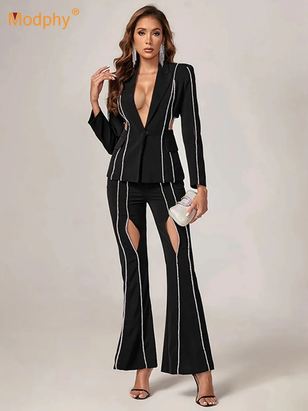 

Modphy 2023 Diamond Bandage Pants Women's Set Black Hollow Bodycon Jacket + Flare Pants Two piece Set Fashion Club Party