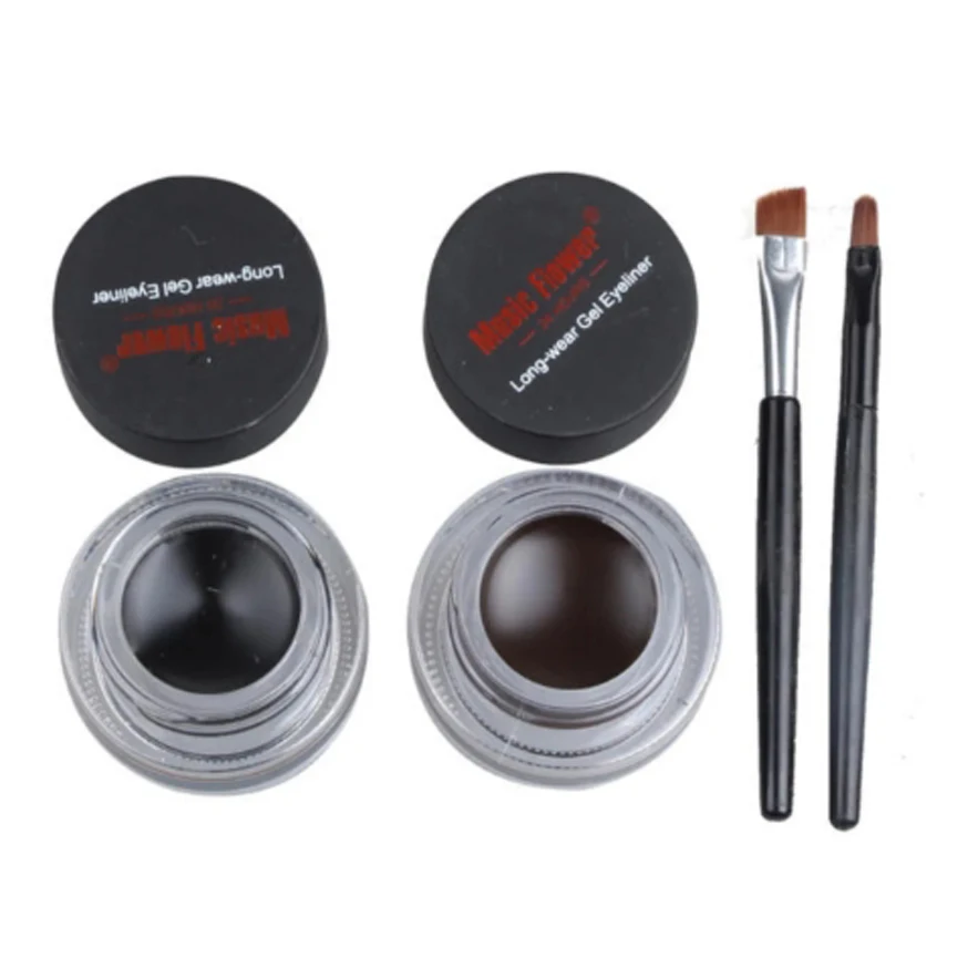 Music Flower 2 IN 1 Two-color Eyeliner Gel Set, Black & Coffee Waterproof 3D Long Lasting Smudge Proof Eye Makeup Cosmetic Kit