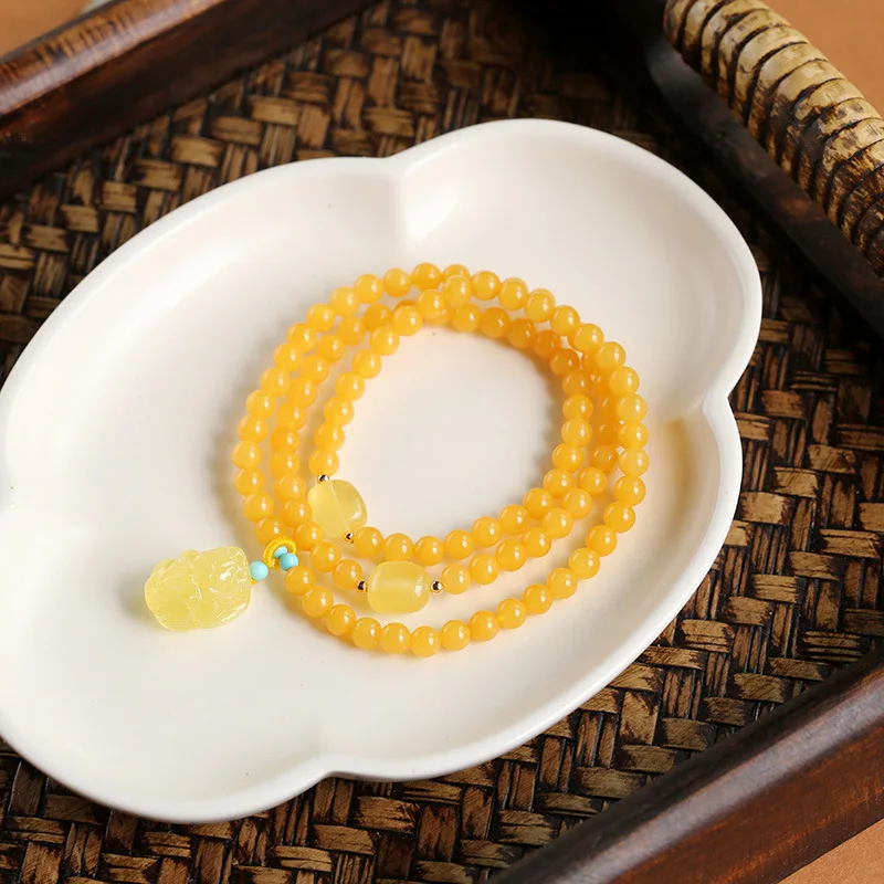 Natural Russian Beeswax Round Bead Triple Wrap Bracelet Minimalist Elegant Women's Jewelry Gifts