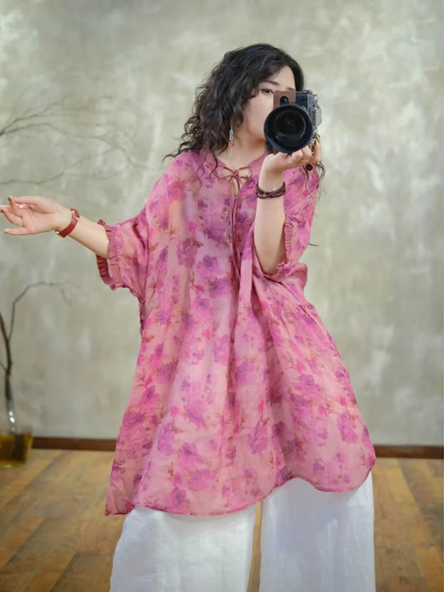 

Retro Flax Floral Print Loose Fit Slimming Thin irt Women Summer 2025 Belted Mid-Length Svel Top Commute Sle