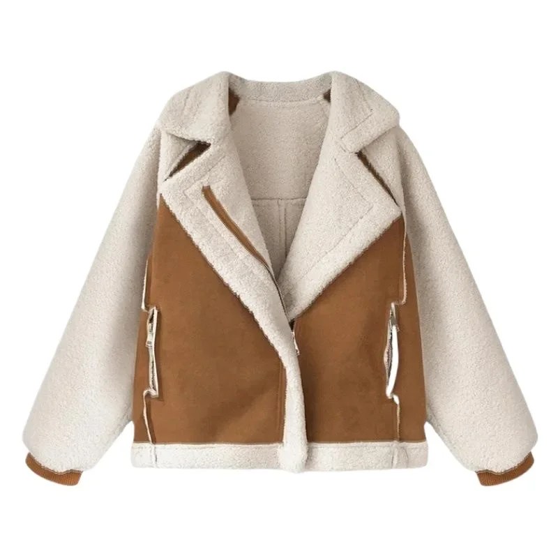 Dámská jarní svrchní bunda volná semišová kožešina integrovaná krátká jehněčí sametová motocyklová stylová tlustá zimní kabát s odklápěcím límcem - náhled 5