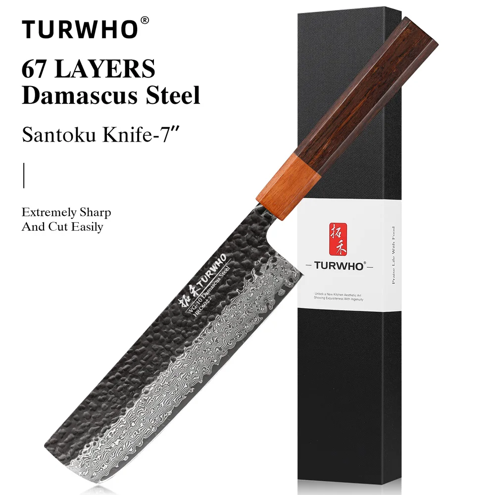 TURWHO 7 Inch Hand Forged Nakiri Knife Japanese Damascus Steel Chef Knife Slicing And Chopping Beef Kitchen Knives Cooking Tools