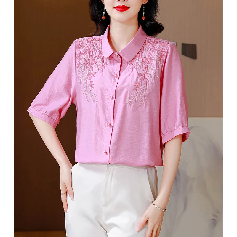 Women Fashion Vintage Embroidered Button Up Shirt 2024 Summer Elegant Cotton Linen Blouse Female Casual Short Sleeve Loose Tops