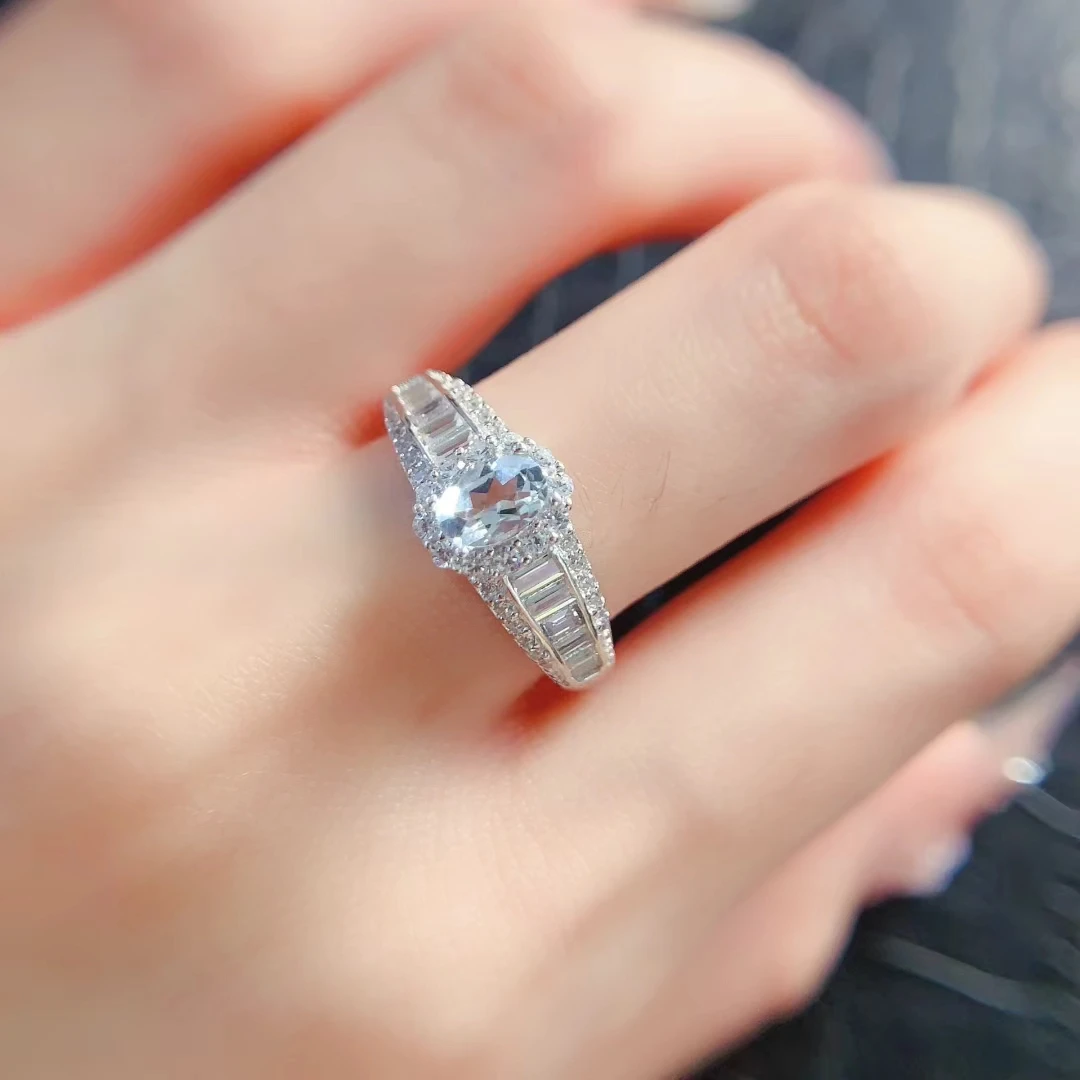 100% Natural Aquamarine Silver Ring 4mm*6mm 0.5ct Genuine Aquamarine Jewelry 18K Gold Plated 925 Silver Gemstone Ring