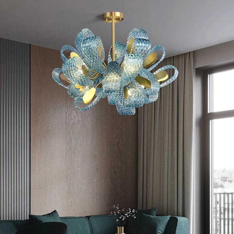 Nordic Luxury Living Room Chandeliers Designer Copper Pendant Light Blue Art Decor for Restaurant Bedroom Glass Lighting Fixture