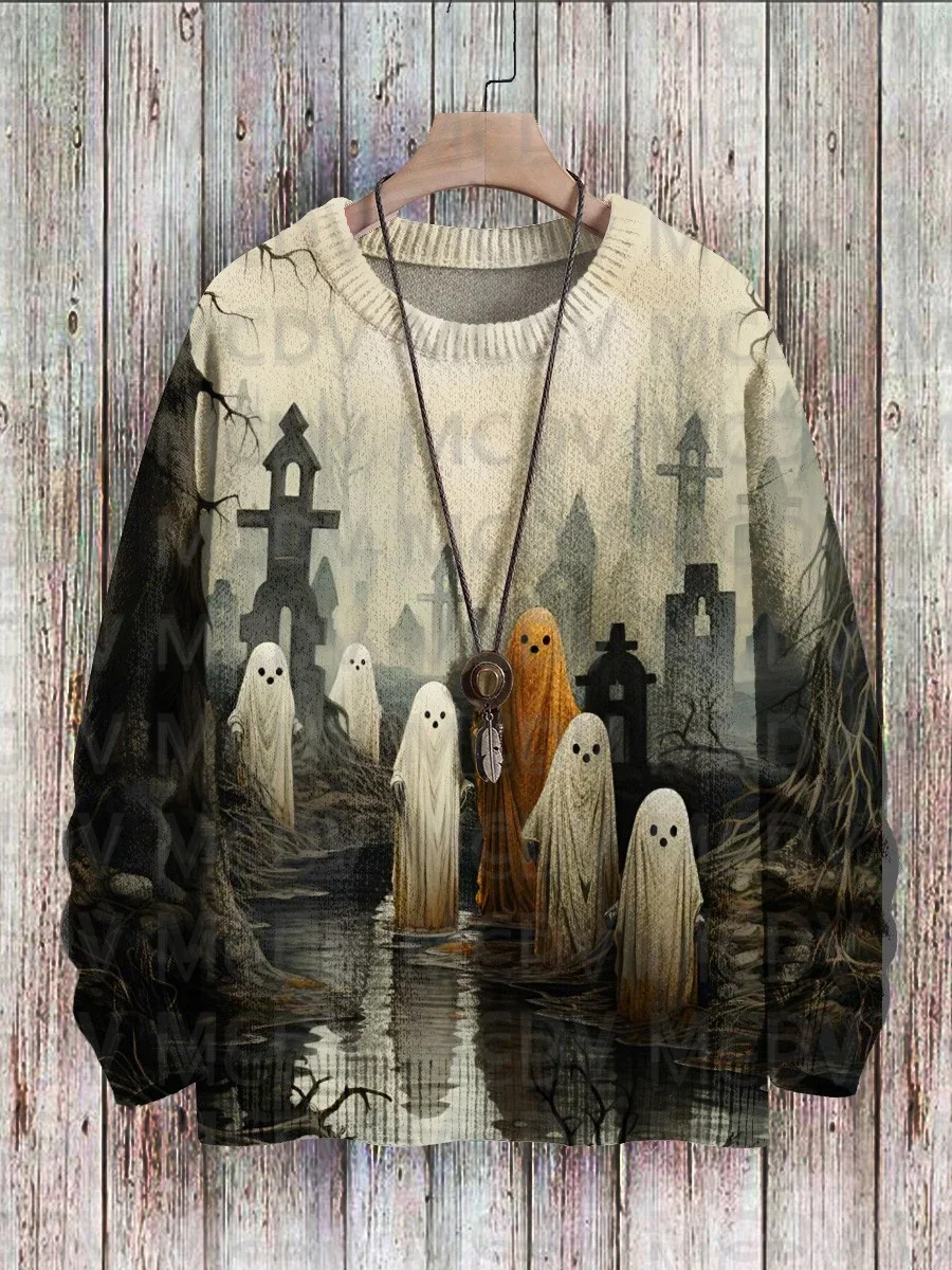 

Halloween Graveyard Ghost Vintage Art Vibe Print Sweater