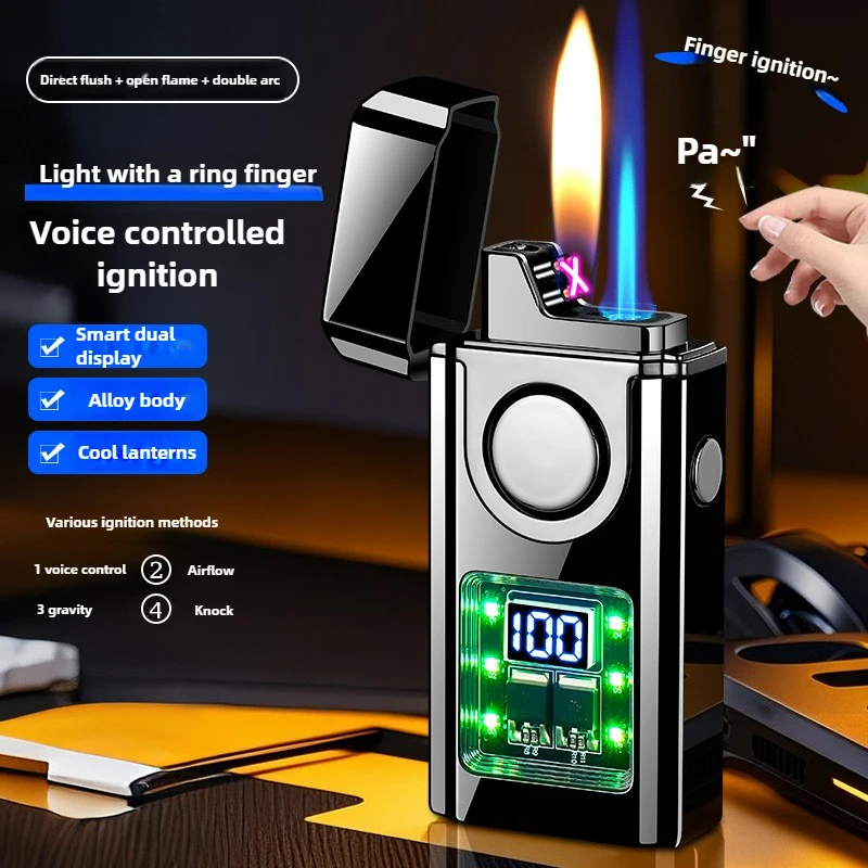 Intelligente Sprachsteuerung, 3-Flammen-Butan-Gas-Feuerzeug, kreative offene Flamme und Jet Blue Flame Dual Arc Pulse USB-Elektrofeuerzeuge