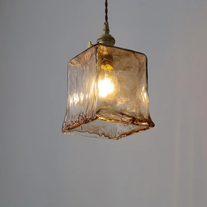 Retro Amber Glass Pendant Lamp LED E27 Hanging Light for Kitchen Island Living Bedroom Bedside Home Decor Indoor Lighting Lustre