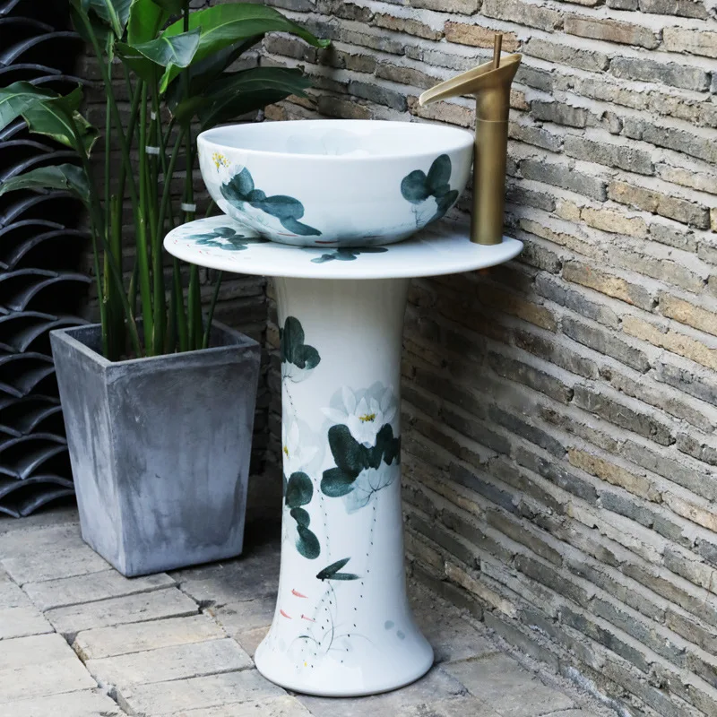 

Outdoor Wash Basin Balcony Column Type Washbasin Courtyard Villa Household Ceramic Floor Type Integrated Pedestal Basin